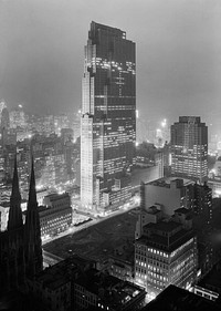 "New York City views. Rockefeller Center and RCA Building from 515 Madison Ave. In 2004, the Library contracted with Chicago Albumen Works to preserve this deteriorating acetate negative by removing and relaxing the emulsion layer (the pellicle) and producing duplicate negatives and digital files." This image is a digital file from 5×7" pellicle acetate negative.