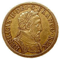 Piedfort du double Henri II à la Gallia. Or, diamètre 29 mm, 29,5 gr. Avers. Collection du Cabinet des Médailles de la Bibliothèque nationale de France. Exemplaire unique. Sur la tranche + DISCDITE A ME OMNES QVI OPERAMINI INIQVITAT.1555. Provenance : ancien fond Chabouillet. N° inv: 1589 / ROY 553.