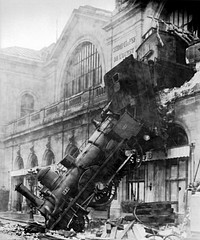 Train wreck at Montparnasse Station, at Place de Rennes side (now Place du 18 Juin 1940), Paris, France, 1895.