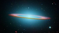 NASA/ESA Hubble Space Telescope and NASA's Spitzer Space Telescope joined forces to create this striking composite image of one of the most popular sights in the universe. Messier 104 is commonly known as the Sombrero galaxy because in visible light, it resembles the broad-brimmed Mexican hat. However, in Spitzer's striking infrared view, the galaxy looks more like a "bull's eye."Spitzer's full view shows the disk is warped, which is often the result of a gravitational encounter with another galaxy, and clumpy areas spotted in the far edges of the ring indicate young star-forming regions.The Sombrero galaxy is located some 28 million light-years away. Viewed from Earth, it is just six degrees south of its equatorial plane. Spitzer detected infrared emission not only from the ring, but from the center of the galaxy too, where there is a huge black hole, believed to be a billion times more massive than our Sun.The Spitzer picture is composed of four images taken at 3.6 (blue), 4.5 (green), 5.8 (orange), and 8.0 (red) microns. The contribution from starlight (measured at 3.6 microns) has been subtracted from the 5.8 and 8-micron images to enhance the visibility of the dust features.