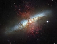 To celebrate the Hubble Space Telescope's 16 years of success, the two space agencies involved in the project, NASA and the European Space Agency (ESA), are releasing this image of the magnificent starburst galaxy, Messier 82 (M82). This mosaic image is the sharpest wide-angle view ever obtained of M82. The galaxy is remarkable for its bright blue disk, webs of shredded clouds, and fiery-looking plumes of glowing hydrogen blasting out of its central regions.Throughout the galaxy's center, young stars are being born 10 times faster than they are inside our entire Milky Way Galaxy. The resulting huge concentration of young stars carved into the gas and dust at the galaxy's center. The fierce galactic superwind generated from these stars compresses enough gas to make millions of more stars.In M82, young stars are crammed into tiny but massive star clusters. These, in turn, congregate by the dozens to make the bright patches, or "starburst clumps," in the central parts of M82. The clusters in the clumps can only be distinguished in the sharp Hubble images. Most of the pale, white objects sprinkled around the body of M82 that look like fuzzy stars are actually individual star clusters about 20 light-years across and contain up to a million stars.The rapid rate of star formation in this galaxy eventually will be self-limiting. When star formation becomes too vigorous, it will consume or destroy the material needed to make more stars. The starburst then will subside, probably in a few tens of millions of years.Located 12 million light-years away, M82 appears high in the northern spring sky in the direction of the constellation Ursa Major, the Great Bear. It is also called the "Cigar Galaxy" because of the elliptical shape produced by the oblique tilt of its starry disk relative to our line of sight.The observation was made in March 2006, with the Advanced Camera for Surveys' Wide Field Channel. Astronomers assembled this six-image composite mosaic by combining exposures taken with four colored filters that capture starlight from visible and infrared wavelengths as well as the light from the glowing hydrogen filaments.