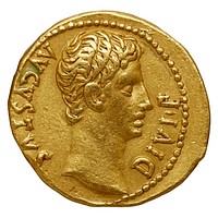 Aureus d'Auguste, Avers : AUGUSTUS DIVI F tête nue d'Auguste à droite. Atelier de Lyon, 11 av-J.C. Or, 7,84 gr. Collection BnF : IMP-5081