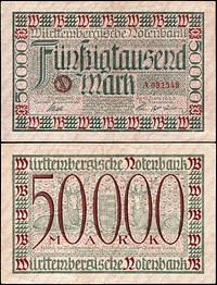 "Notgeld" banknote: 50,000 Mark, Württembergische Notenbank (1923), size: 105 mm x 160 mm.