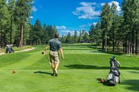 Man playing golf, sunny day. View public domain image source here