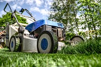 Lawn mower, gardening tool. View public domain image source here