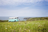 Retro van, nature road trip. View public domain image source here