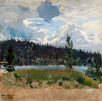 Nature landscape, oil painting. Original public domain image by Akseli Gallen-Kallela from Finnish National Gallery. Digitally enhanced by rawpixel.