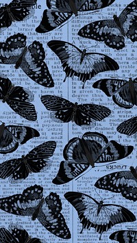 Blue butterfly patterned phone wallpaper, vintage insect background, remixed from the artwork of E.A. Séguy.