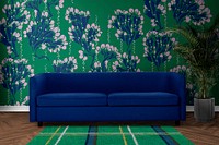 Living room wall mockup, vintage flower patterned design psd, remixed by rawpixel