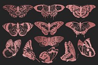 Pink glittery butterfly, aesthetic insect collage element set psd. Remixed from the artwork of E.A. Séguy.