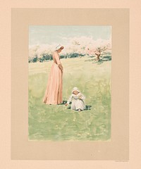 "In May" - illustration for "Baby's Lullaby Book ... by Charles Stuart Pratt" showing a young child picking flowers in a large field, her mother standing next to her, trees in bloom in the background (1888) by L. Prang & Co.