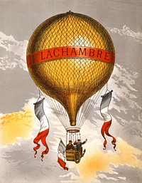 Balloon labeled "H. Lachambre," with two men riding in the basket (1880). Original public domain image from the Library of Congress. Digitally enhanced by rawpixel.
