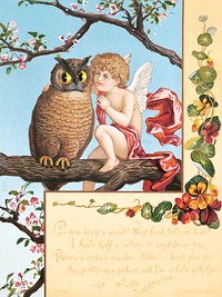 Can you keep a secret? Wise bird, tell me true? (1884) Cherub sitting on a tree branch, speaking to an owl illustration by Obpacher Bros., Original public domain image from the Library of Congress. Digitally enhanced by rawpixel.