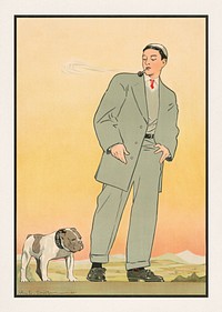 Young man in gray suit smoking a pipe and looking at a dog (1906) by John E. Sheridan. Original public domain image from the Library of Congress. Digitally enhanced by rawpixel.