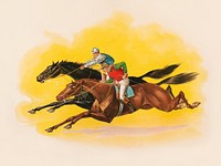 Two horses being ridden by jockeys (1896). Original public domain image from the Library of Congress. Digitally enhanced by rawpixel.