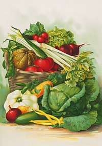 Vegetable basket still life illustration.  Original public domain image from the Library of Congress. Digitally enhanced by rawpixel.