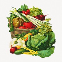 Vegetable basket still life collage element psd.  Remastered by rawpixel