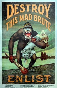 Destroy this mad brute Enlist - U.S. Army (1918) vintage poster by Harry R. Hopps. Original public domain image from the Library of Congress. Digitally enhanced by rawpixel.