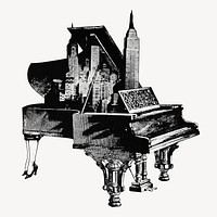 Vintage piano, cityscape illustration.  Remixed by rawpixel.