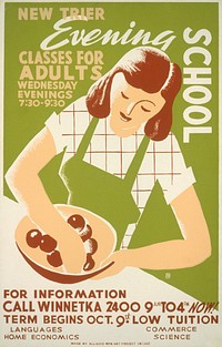 New Trier evening school Classes for adults, Wednesday evenings 7:30 - 9:30. (1936) vintage poster by Illinois WPA Art Project. Original public domain image from the Library of Congress. Digitally enhanced by rawpixel.