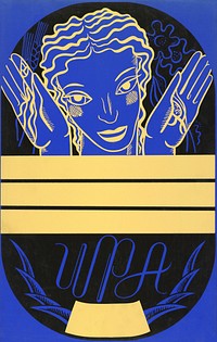 WPA poster design on blue background showing the head and hands of a woman holding flowers and wheat above a blank banner (1936-1941) poster by Federal Art Project. Original public domain image from the Library of Congress. Digitally enhanced by rawpixel.