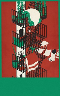 Fire escape and red apartment illustration.   Remixed by rawpixel.