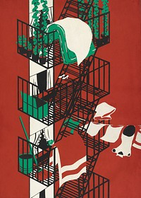 Fire escape background, red apartment illustration.   Remixed by rawpixel.