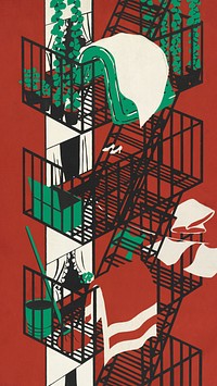 Fire escape iPhone wallpaper, red apartment illustration.   Remixed by rawpixel.
