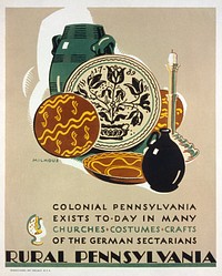 Rural Pennsylvania Colonial Pennsylvania exists to-day in many churches, costumes, crafts of the German Sectarians (1936-1940) poster by Katherine Milhous. Original public domain image from the Library of Congress. Digitally enhanced by rawpixel.