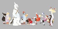 Snowball fight, cute character illustration.  Remixed by rawpixel.