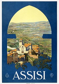 Assisi, the countryside as if from a window in a tower (1920) vintage poster by Vittorio Grassi. Original public domain image from the Library of Congress. Digitally enhanced by rawpixel.