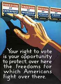 Your right to vote is your opportunity to protect, over here the freedoms for which Americans fight over there (1943) vintage poster by L. R. Miller. Original public domain image from the Library of Congress. Digitally enhanced by rawpixel.