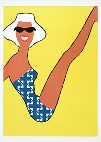 Tanned woman in blue swimsuit, summer illustration.  Remixed by rawpixel.