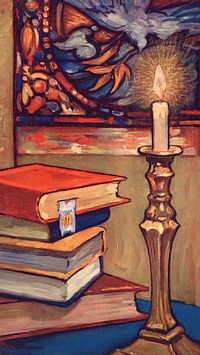 Night reading iPhone wallpaper, candle by book stack illustration.   Remixed by rawpixel.