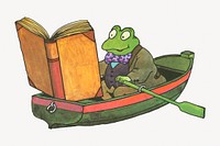 Reading frog, paddling on a row boat.  Remixed by rawpixel.