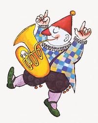 Clown playing tuba, character illustration.  Remixed by rawpixel.