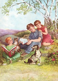 Kids reading books background, vintage hobby   Remixed by rawpixel.