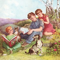 Kids reading books in a garden illustration.   Remixed by rawpixel.