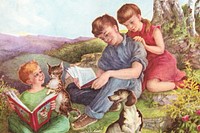 Kids reading books background, vintage hobby   Remixed by rawpixel.