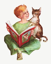 Boy reading with cat, character clipart psd.  Remixed by rawpixel.