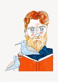 Beard man reading a book illustration.  Remixed by rawpixel.