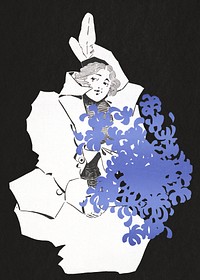 Vintage woman drawing background, holding blue flower bouquet illustration.   Remixed by rawpixel.