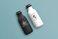 Reusable water bottle mockup psd with eco logo flat lay