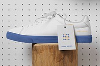 Canvas sneakers label mockup, footwear fashion design psd