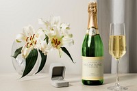 Champagne bottle mockup, engagement ring, alcoholic beverage product packaging psd