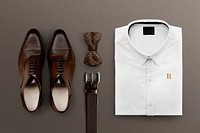 Men’s formal outfit mockup psd folded shirt belt and leather shoes