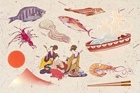 Japanese seafood illustration collage element set psd