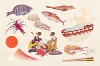 Japanese seafood illustration sticker set psd