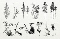 Japanese ink trees illustration sticker set psd