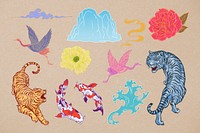 Oriental Japanese animals illustration collage element set psd